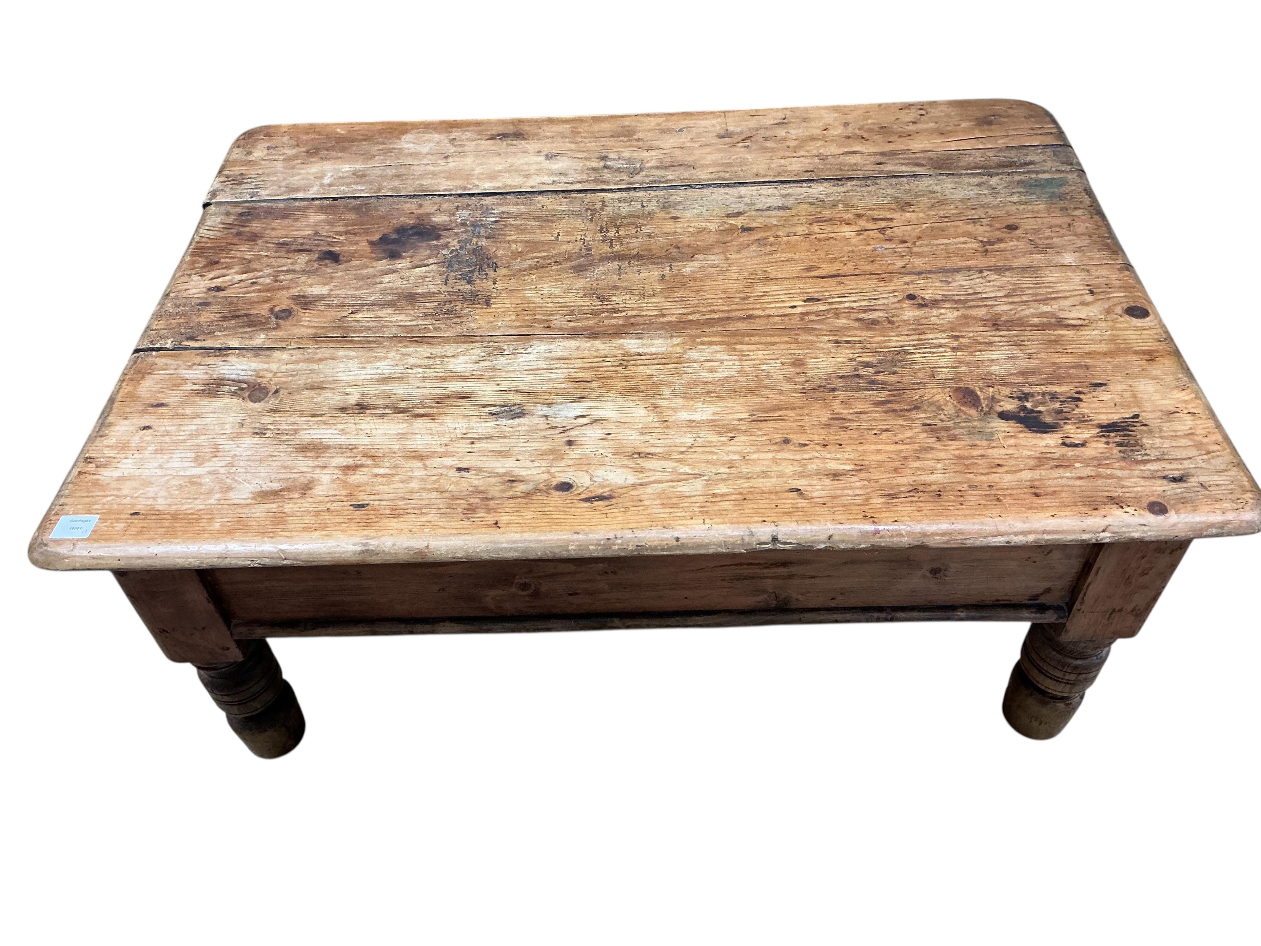 A Victorian rectangular pine coffee table, adapted from a kitchen table, width 120cm, depth 85cm, height 47cm
